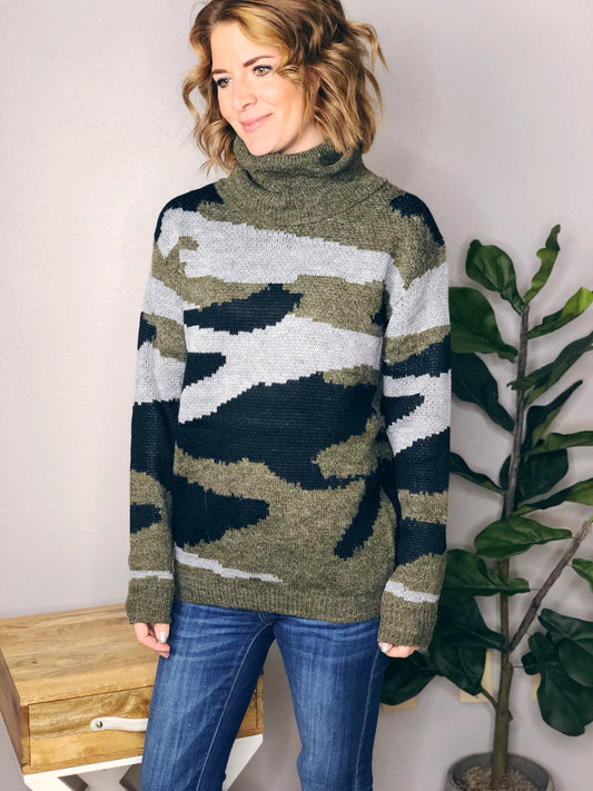 CAMO COWL NECK SWEATER