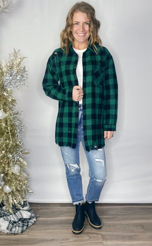 OVERSIZED DISTRESSED LONG GREEN PLAID