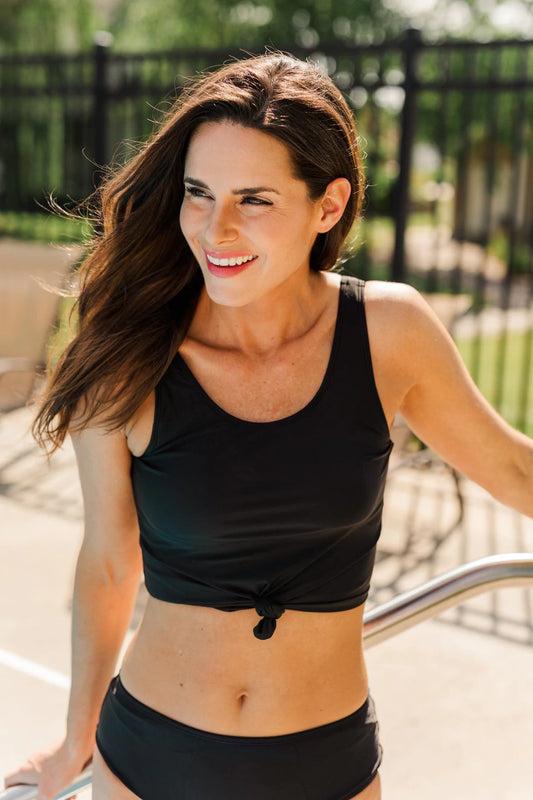 BLACK FRONT KNOT TANKINI SWIM TOP