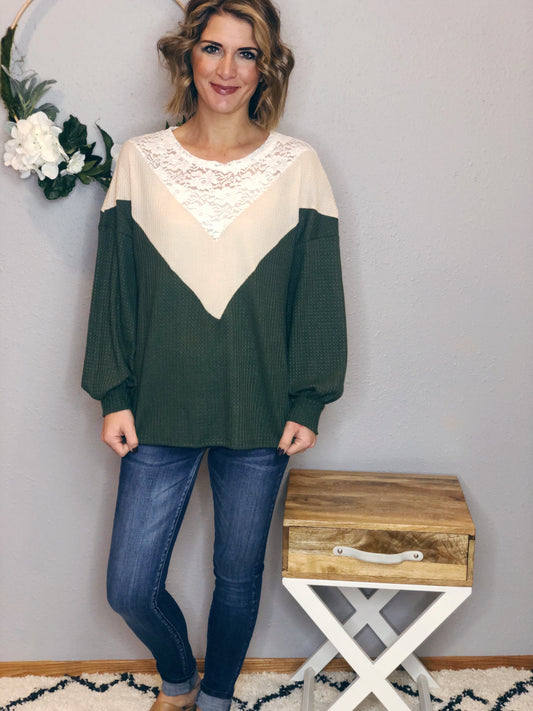 WAFFLE TOP W/ LACE DETAIL