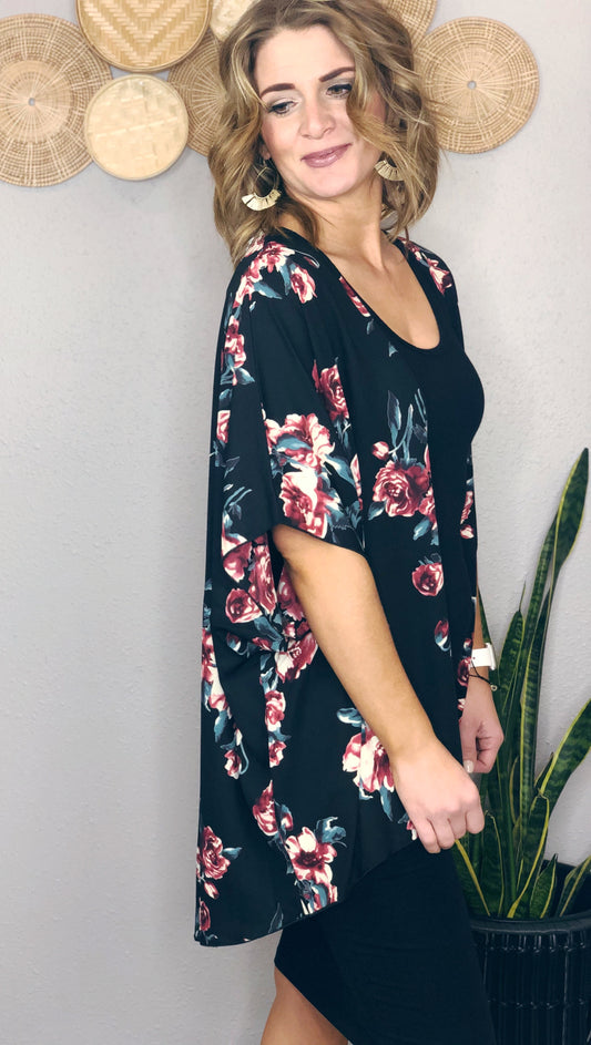 FLORAL BLACK KIMONO