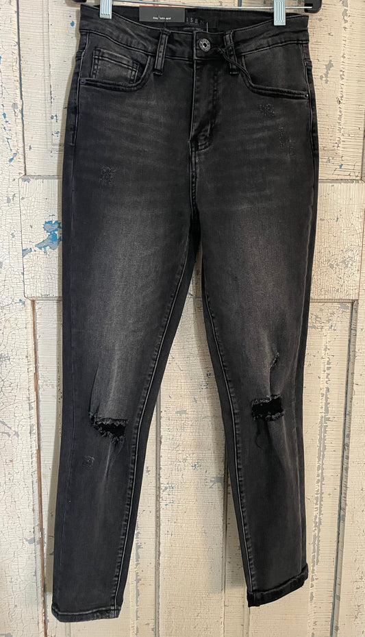 HIGH WAIST DISTRESSED ROLL UP ANKLE SKINNY JEAN