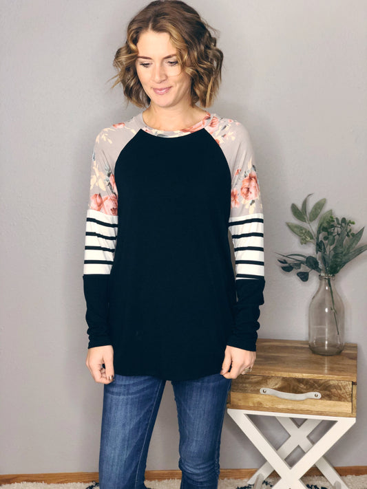 FLORAL AND STRIPE LONG SLEEVE TOP