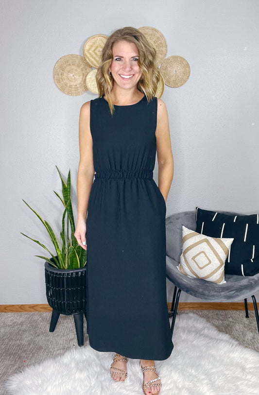 BLACK WOVEN SLEEVELESS MIDI DRESS