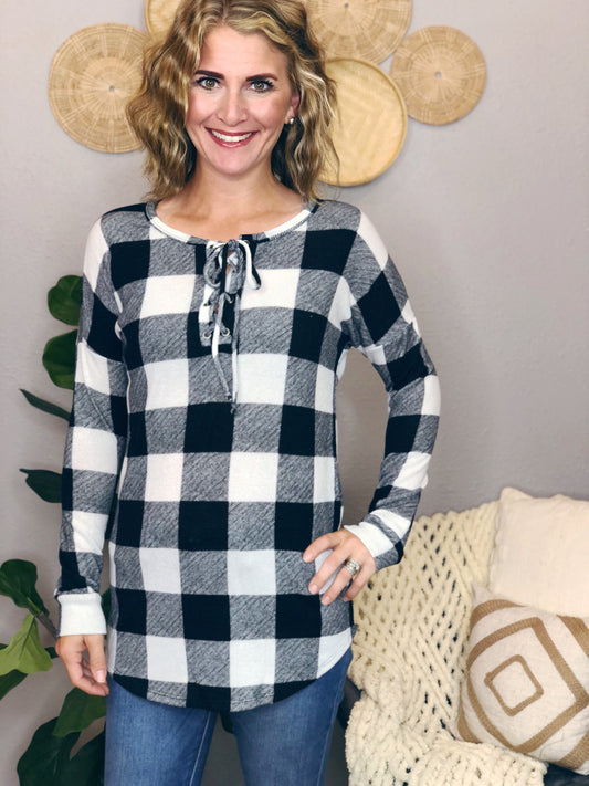 PLAID LACE UP TOP
