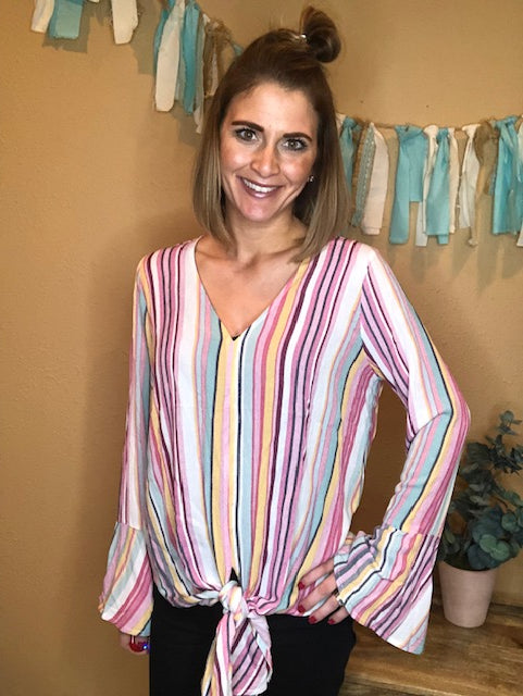RAINBOW STRIPE TIE FRONT W/BELL SLEEVE
