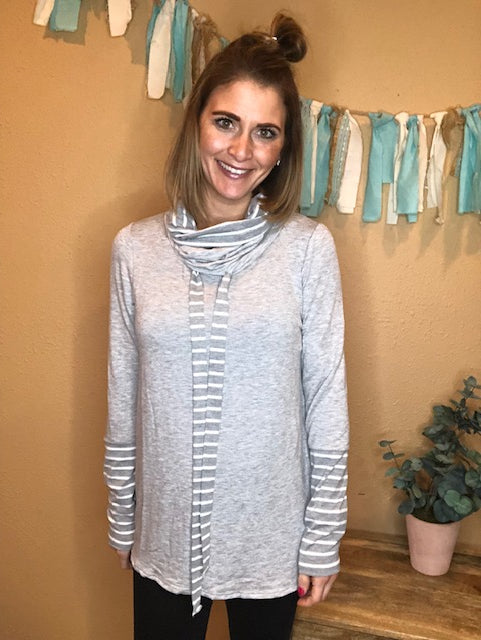 GREY COWL NECK W/ STRIPES